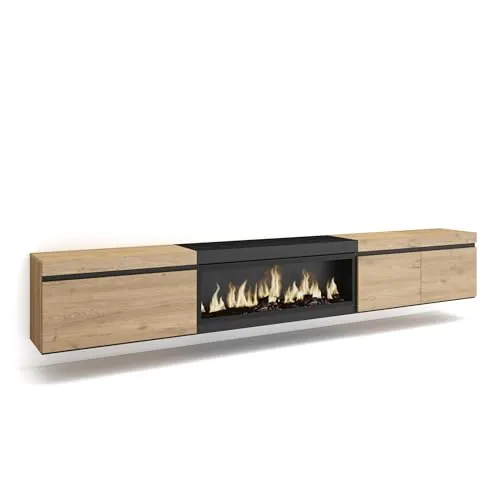 Skraut Home | Mueble TV | Televisión | Muebles de salón, almacenaje | 288x45x35 cm | para TV Gran Formato | Chimenea eléctrica XXL | Colgado, Suspendido | Estilo Moderno | Roble y Negro