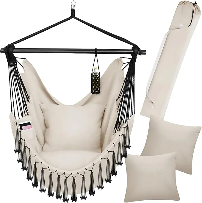 tectake® Silla Colgante Estilo Bohemio, Interior y Exterior, Cojines Extra Gruesos, con Compartimento y Posavasos, Carga 150kg, Incl. Bolsa Transporte, Columpio Jardín, Hamaca, Sillón Balancín - beige
