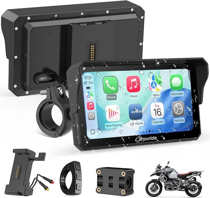 Carpuride W602S Pro Motocicleta Carplay Pantalla con BM05 para Conectar y Usar, Inalámbrico CarPlay y Android Auto, 6,25" Impermeable Táctil Pantalla, OTA, Dual Bluetooth, Intercom, Cable Controlador.