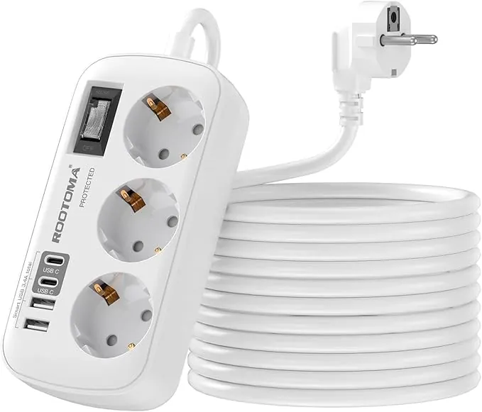 Regleta Alargador de 5 Metros con Interruptor, Protección Sobretensión 4000W 16A, Enchufe Múltiple de Carga 4 USB (2 USB-C) y 3 Tomas, Ideal para Mesa, Oficina, Casa