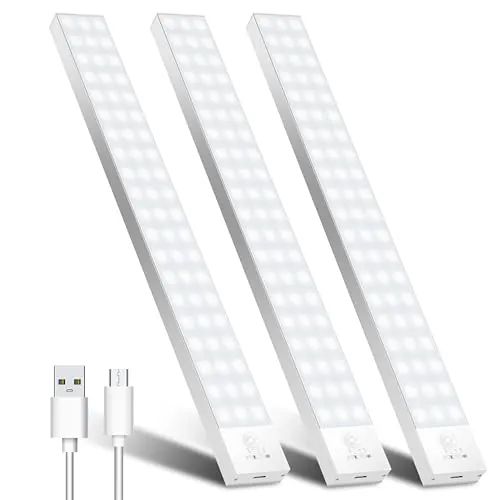 OUILA Luz LED Armario con Sensor Movimiento 5000K 60 LEDs 4 Modos Luz LED Adhesiva Magnética 1500mAh USB Recargable Luz Nocturna para Cocina, Armario, Escaleras, Pasillo, Garaje-3 Packs Blanco Natural