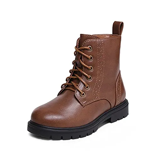 DREAM PAIRS Botas Combate Niña Impermeables,Marrón/Pu,31 | Parte superior resistente al agua y fácil de limpiar, cremallera lateral, buen agarre en suelo mojado y forro suave y cálido.
