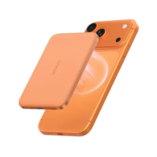 Anker Nano Certificado Qi2 15W Power Bank Magsafe ultradelgada de 5000 mAh, Cargador portátil Compatible con MagSafe,diseño ergonómico, para iPhone 17/16/15/14, Naranja