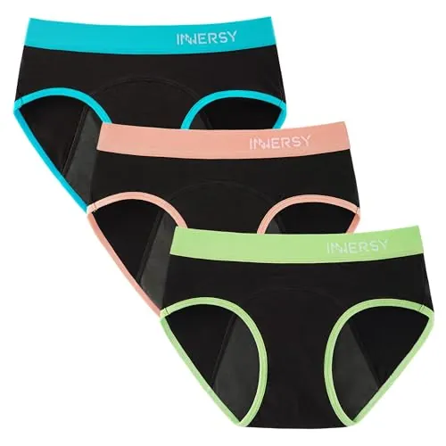 INNERSY Bragas Menstruales Niña Algodon Braguita Menstrual Negras Period Underwear Pack de 3 (12-14 Años, Negro Deportivo)