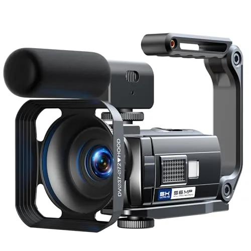 Cámara de vídeo 5K 56MP Videocámara Vlogging Cámara,WiFi Visión Nocturna 3" 270° Pantalla táctil giratoria Vlog Cámara con Tarjeta de 64GB, Micrófono, Estabilizador,Control Remoto,2 Baterías,Trípode
