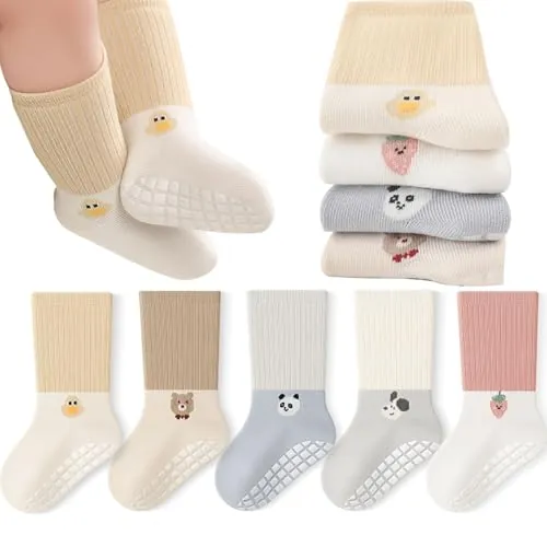 QIYIENDIAN Calcetines Antideslizantes de Algodón 5 pares calcetines para Bebé Niño Niña（Yellow duck，1-3Y