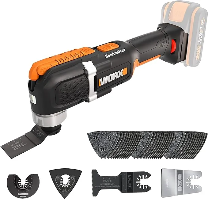 WORX Multierramienta Sonicrafter 20V Máx | PowerShare | WX 696,9 | No incluye batería ni cargador | Velocidad variable | Incluye 35 accesorios | Caja de cartón