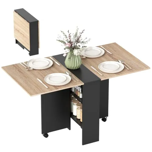 HOMCOM Mesa Plegable de Comedor con Ruedas 75x140x74 cm Natural y Negro