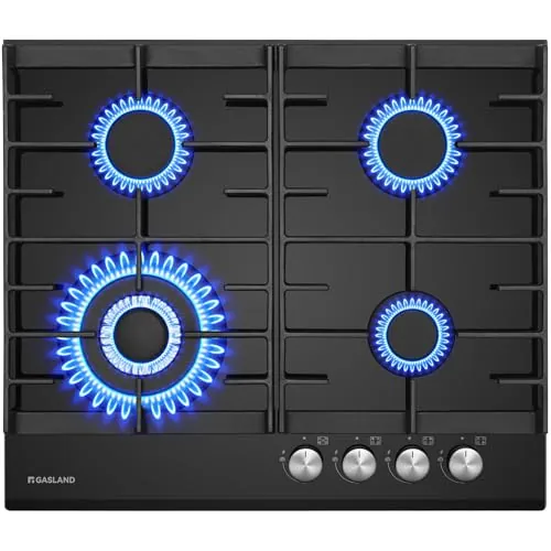 GASLAND GH604BF Placa de Cocina de Gas de 60 cm, 4 Fogones con Quemador Wok, Encimera de Vidrio Negro, 8000 W, Compatible con Gas Natural/GLP