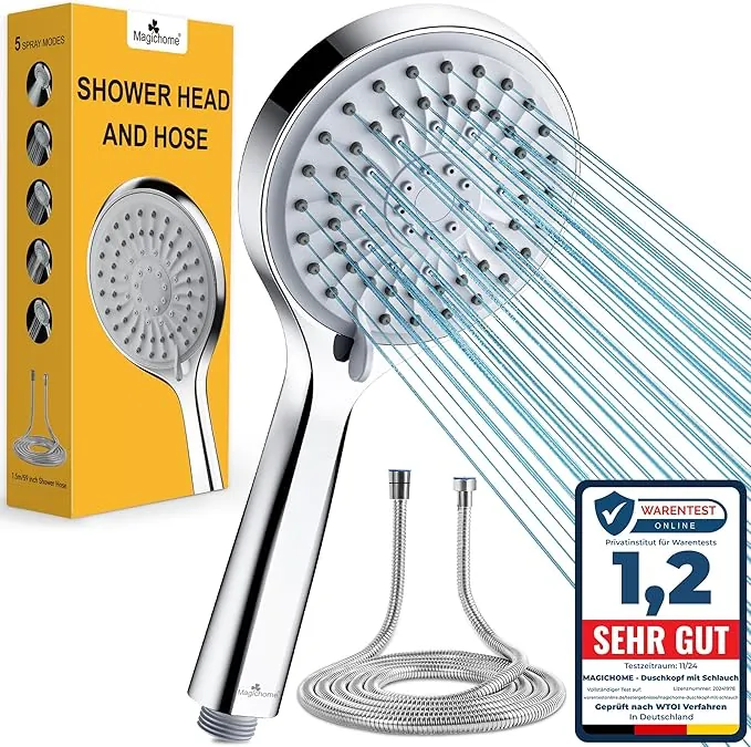 Magichome Cabezal de ducha de alta presión y manguera, cabezal de ducha de 5 modos de pulverización con manguera de 1,5 m, cabezal de ducha de mano grande y potente para baja presión de agua