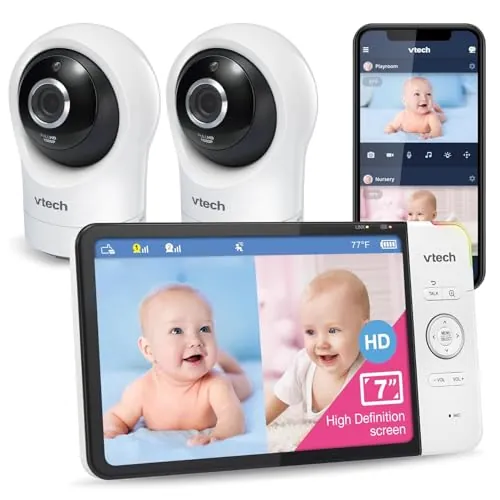 VTech vigilabebés WiFi Inteligente con 2 cámaras y Pantalla HD en Color de 7", cámara FHD de 1080p, aplicación Gratuita, inclinación Horizontal y Vertical y Zoom, Canciones de Cuna: RM7764-2HD