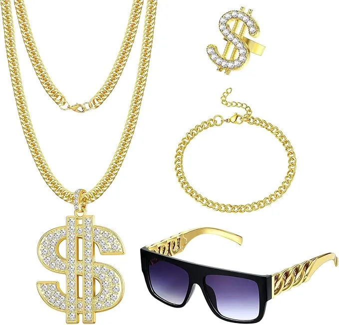 CASSIECA 80s/90s Hip Hop Disfraz Kit para Hombres Mujeres Collar de Cadena de Metal Pulsera Gafas de sol Anillo de Signo de dólar Punk Hip Hop Rapero Bisutería
