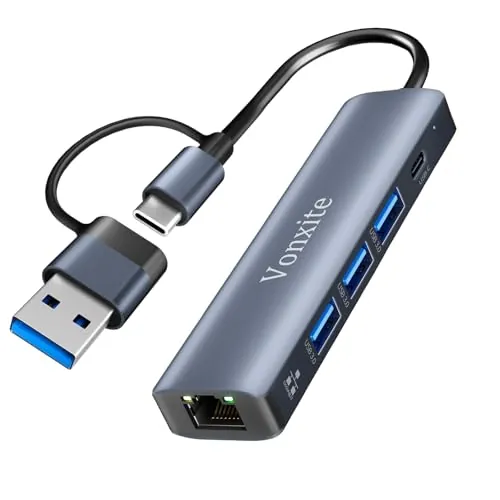 Adaptador USB Ethernet, 5 en 1 Adaptador USB-C a Ethern.et RJ45 Gigabit 1000Mbps, Hub ethernet LAN con 3 Puertos USB 3.0 y 1 Puerto Tipo C para i-Phone 15/16/iPad/Windows XP/Chromebook/Mac/Linux