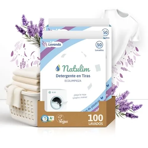 Natulim - Detergente en Tiras para Lavadora (100 Lavados) - Incluye Suavizante, Ecológico, Hipoalergénico, Made in Spain - Ropa limpia y suave sin ensuciar el Planeta (Lavanda) - 2 Pack