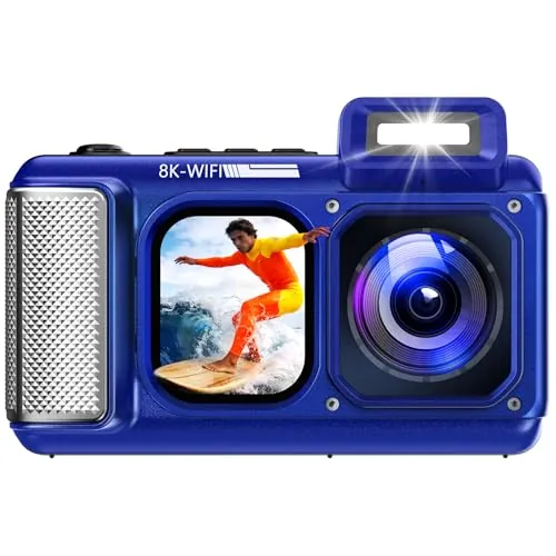 MaxMango V08 Pro 49FT Camara Acuatica，8K 90MP WiFi Pantalla Táctil Cámara Digital，2,8 Pulgadas con Doble Pantalla, Resistente, a Prueba de Polvo y a Prueba de Golpes, Ideal para Snorkel, Azul