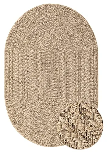 the carpet Kansas - Alfombra para Exterior e Interior con Aspecto de Yute Natural, Resistente a la Intemperie, Apta para Patio y jardín, Naturaleza, 140 x 200 cm Oval