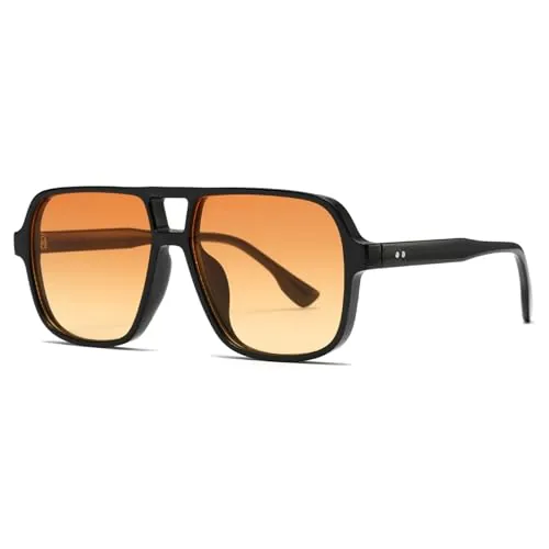 Long Keeper Gafas de Sol Cuadradas Vintage Mujer Hombre Retro Gafas de Sol Piloto con Doble Puente Gafas de Piloto Vintage Años 70 UV400 (Montura Negro - Lente Naranja)