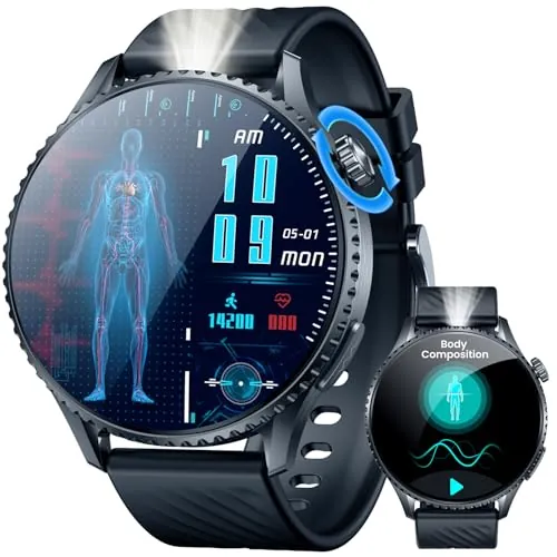 Smartwatch Reloj Inteligente Hombre con ECG: 1.56" AMOLED Smart Watch con llamadas Bluetooth IP67 Impermeable 440mAh Linterna Frecuencia Cardíaca Presión Arterial SpO2 Función Sueño para Android iOS