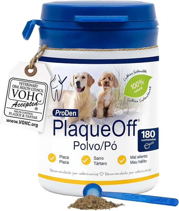 ProDen PlaqueOff Perros y Gatos en Polvo 60g, Limpieza Dental con 100% Alga Natural, Limpiador de Sarro Dental y de Placa, Elimina Eficazmente el Mal Aliento en Mascotas, Hasta 6 meses de duración