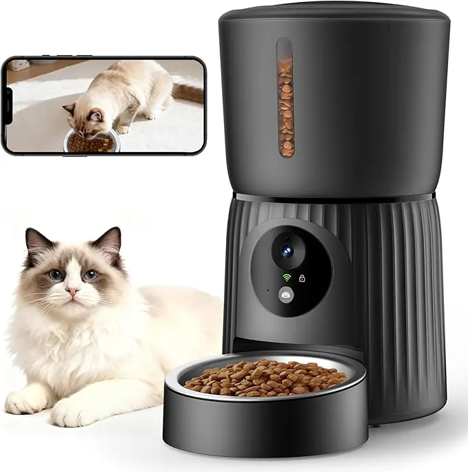 Faroro Comedero Gato Automático WiFi, 1080P HD Cámara con Visión Nocturna, 4L Alimentador para Perros/Gatos con Audio 2Vías, App Control, Cámara Ajustable, Sensor Anti-Bloqueo y Alimentación Dual
