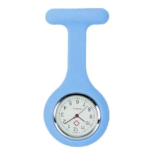 TRIXES Reloj de bolsillo para enfermeras, llavero de silicona azul cielo con esfera blanca, diseñado para profesionales de la atención, cierre de broche fuerte
