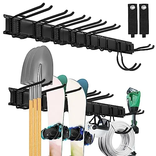 Sinoer Organizador de herramientas de garaje de pared, soporte metálico para herramientas de jardín, porta herramientas de jardín, ganchos para escobas, 48 pulgadas, 9 ganchos