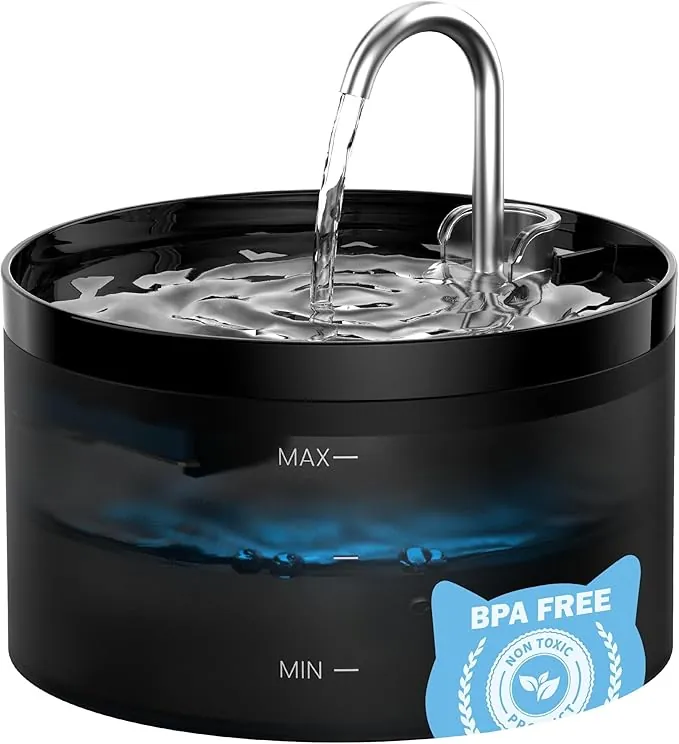 Fuente para Gatos, GIOTOHUN Bebedero con Forma de Grifo - 2L Bomba Súper Silenciosa, Filtro de Pelos Suelto, Dos Patrones de Flujo de Agua, Fácil de Quitar y Lavar - Negro