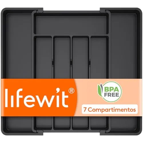 Lifewit Organizador de Cubiertos para Cajón Cocina, Bandeja para Menaje Extensible, Cubertero Compacto para Almacenar Cucharas, Tenedores y Cuchillos, Ancho 24-41 x Fondo 34 cm, Lote 1, Negro