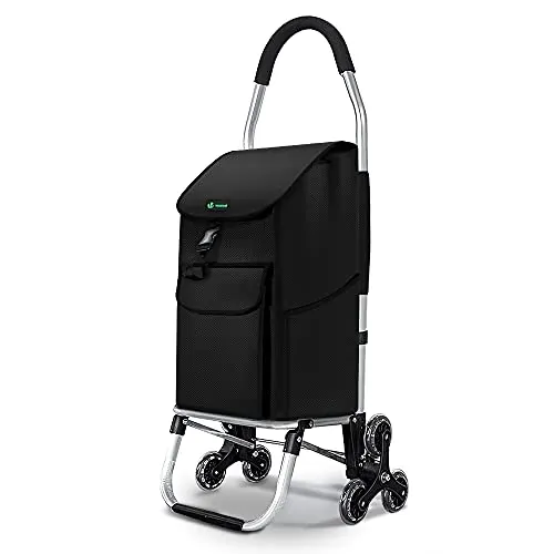 VOUNOT® Carrito Compra Plegable de Aluminio, Carro de la Compra 6 Ruedas con Bolsa Oxford Desmontable, 58L, Negro