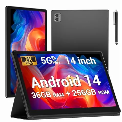 BEYNIVAN Tablet 14 Pulgadas con 4G LTE y 5G WiFi,11580mAh y 20W,36GB RAM+256GB ROM/2000 * 1200 FHD/Android 14/Face ID/GPS/BT 5.0/TÜV/USB-C,Tablet con Lapiz,Negro