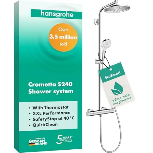 hansgrohe Crometta S - sistema de ducha ahorro de agua (EcoSmart) con termostato, ducha lluvia (240 mm) con grifo, ducha de mano (2 tipos de chorro), flexo, barra, ducha fija redondo, cromo, 27268000