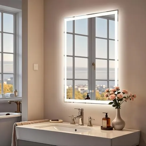 Olyvren Espejo de baño con iluminación de 60 x 80 cm, espejo LED con reloj, 3 temperaturas de color, función antivaho, brillo regulable, función de memoria