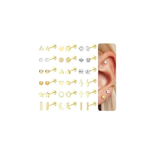 CASSIECA 18 Pares Pendientes Cartílago Oreja de Acero Inoxidable para Mujeres Hombres Pendientes Corazon Estrellas Luna Flor CZ Piercing Conch Tragus Helix Piercing Joyería Oro