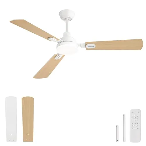 Ventilador de techo con luz LED 132 cm, mando a distancia, para interior y exterior,CCT 3000K-6000K,motor DC reversible silencioso,6 velocidades, Temporizador 1H/4H/8H,aspas blancas/madera clara
