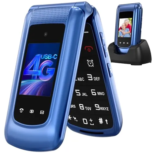 4G Telefono Movil para Mayores Libre con Teclas Grandes, Doble SIM Doble Pantalla LCD, Fácil De Usar Teléfono Móvil Personas Mayores con Botón SOS, Cable USB C, Batería 1000mah, Base Cargadora (Azul)