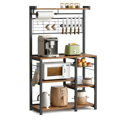 VASAGLE Estantería de Cocina, Soporte para Panadería, Isla de Cocina con Tira Magnética de Cuchillo, Cesta de Alambre, Soporte de Papel, 12 Ganchos, Marrón Rústico y Negro KKS026B01