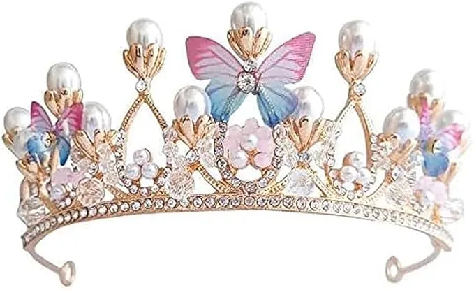 Corona Princesa Niña Dorada Diadema con Mariposas Perlas Cristales y Strass Accesorio Hecho a Mano para Cumpleaños Boda Fiesta Fotografía Tarta Ideal para Niñas Reinas Damitas y Disfraces