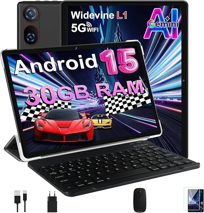 DMOAO Tablet 10 Pulgadas Android 15 con Gemini AI, 30 GB RAM + 2 TB ROM Expansión, 5G WiFi, GPS, Widevine L1, Octa-Core, BT 5.0, 6000mAh, USB-C, FHD Tablet con Teclado+ Ratón + Funda, Negro
