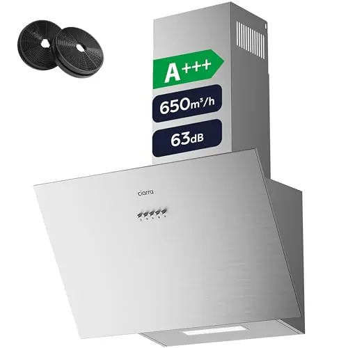 CIARRA CBCS6762A Extractora Campana 60cm A+++ Recirculación 650m³/h Extractor Cocina de 3 Velocidades con Filtro de Carbón Activo CBCF003 Bonete de Recirculación Acero Inoxidable Plata