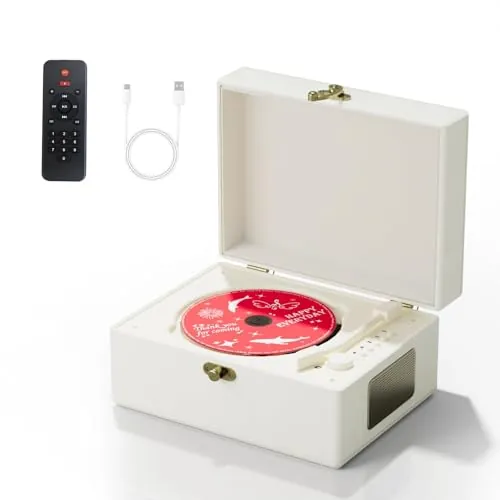 Yintiny Reproductor de CD recargable de cuero con altavoces, transmisor Bluetooth, regalo de festival, reproductor de BGM para decoración del hogar, color blanco
