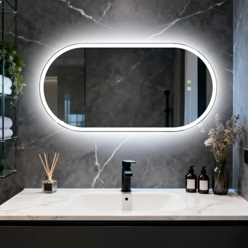 Olyvren Espejo de baño ovalado con iluminación LED, 50 x 100 cm