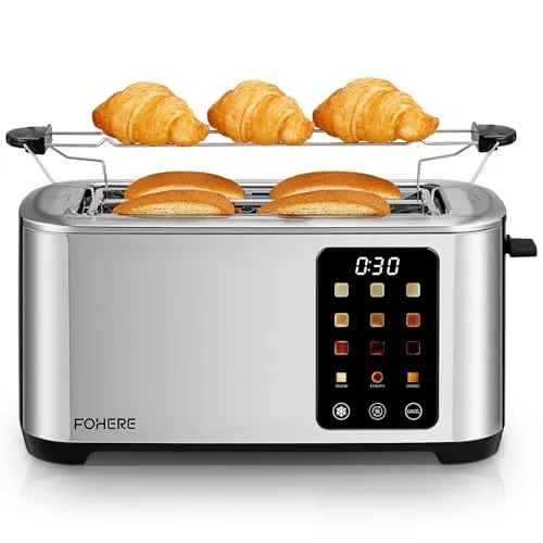 Tostadora, 2 Ranuras largas y anchas, 9 Niveles de dorado Posiciones Tostado, con Control de Pantalla Táctil Soporte para Panecillos y Bandeja Recogemigas,Cancelación/Descongelación/Recalentamiento