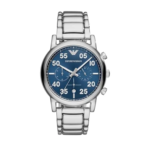 Emporio Armani Reloj Hombre, Movimiento cronógrafo, 43mm Caja de acero plateado con correa de acero, AR11132, Tono plateado y azul agua