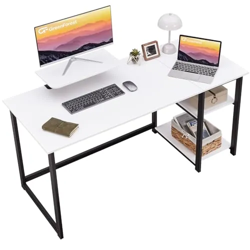 GreenForest Escritorio para Ordenador con Soporte para Monitor,Escritorio de Oficina de 140 cm con estantes de Almacenamiento Reversibles,Escritorio de Estudio para el hogar y el Dormitorio,Blanco