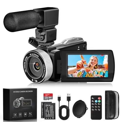 Videocámara 4K 48MP con Visión Nocturna por Infrarrojos, Zoom Digital 18X Cámara Vlogging con Pantalla Táctil de 3.0" 270°, Cámara de Vídeo con Control Remoto, Micrófono, Tarjeta de 32GB, 2 Baterías