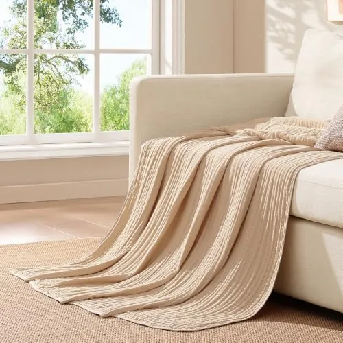 Topfinel Manta de sofá Mullida,100% Algodón,Mantas de Muselina Suave y Agradable para la Piel para Adultos,Bebés y Niños 135x200 CM,Manta Tipo Plaid Color Beige,Transpirable, Mantas de Muselina