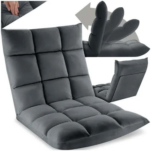 tectake® Sillon Plegable Lectura, Silla de Suelo Ajustable para Tatami, Terciopelo, Respaldo Flexible en 14 Posiciones, Sofa Suelo de Estructura de Acero, Silla Yoga, cómodo cojin de Suelo - Gris