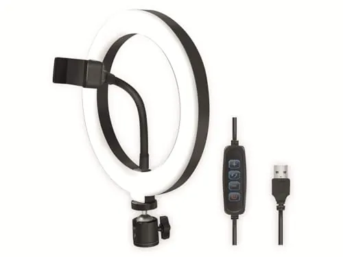 LogiLink AA0151 – Anillo de luz LED (diámetro de 20 cm) con Soporte para Smartphone, 3 Modos de Color (Natural, cálido, frío) y 72 LED para vídeos e imágenes Profesionales, Color Negro, 72 ledes