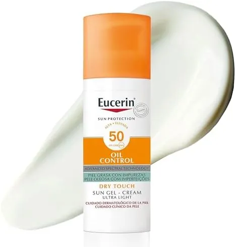 Eucerin Sun Gel Crema Oil Control Dry Touch FPS 50+ (50 ml), protección solar facial 50+ con filtros UVA/UVB, crema solar para piel grasa y propensa al acné, crema de sol con textura ultraligera