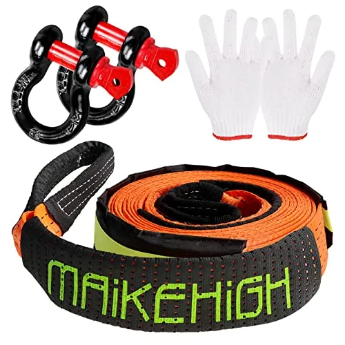 MAIKEHIGH Eslinga 10 Toneladas, 5M x 5cm Cuerda para Remolque Coche con 2 Guantes, 2 Grilletes Reforzados para Recuperación Vehículo